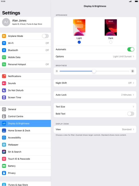 If you turn on the function, press Options and follow the instructions on the screen to select the required period of time for Dark Mode.