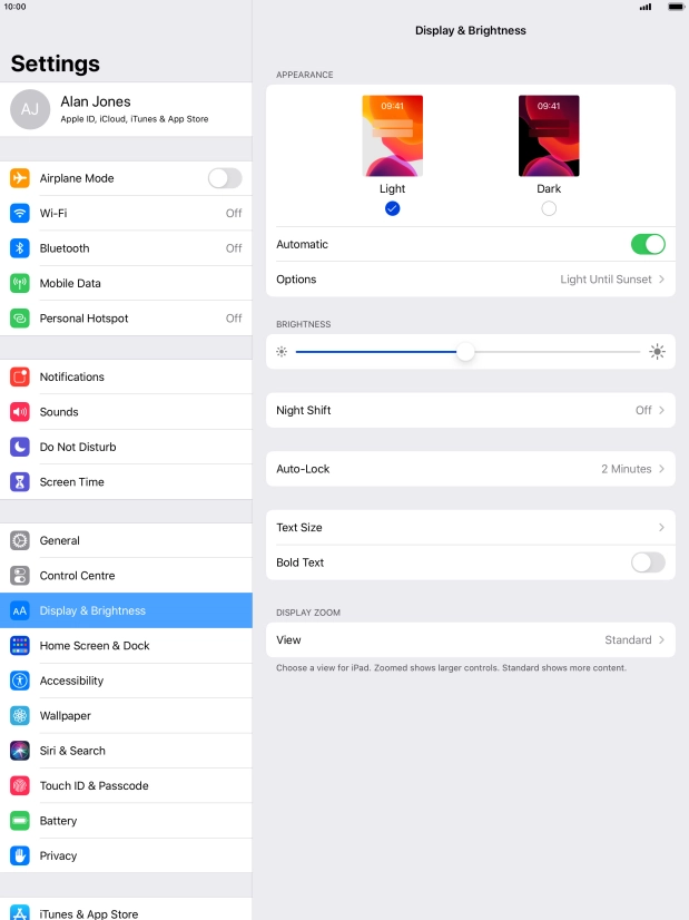 If you turn on the function, press Options and follow the instructions on the screen to select the required period of time for Dark Mode.