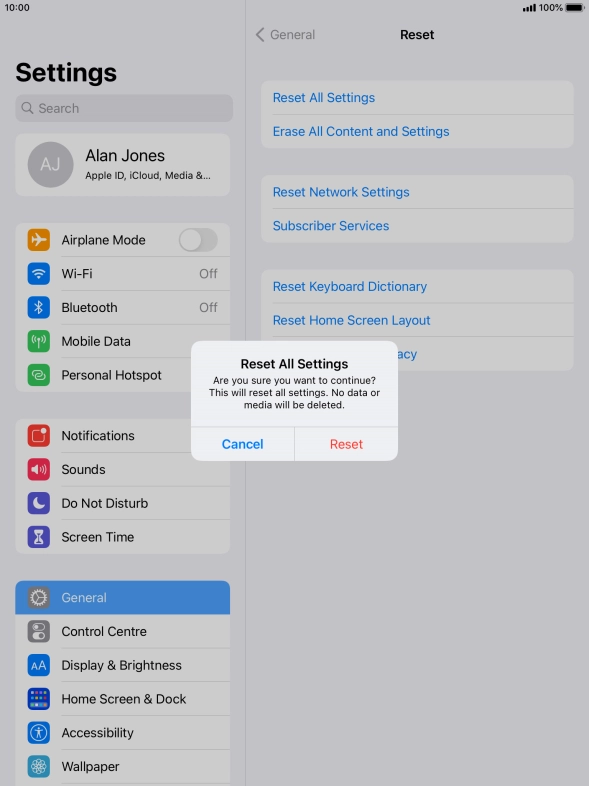 Press Reset. Wait a moment while the factory default settings are restored. Follow the instructions on the screen to set up your tablet and prepare it for use.
