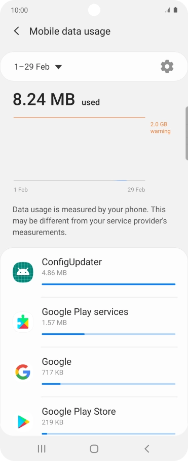 The data usage for each application is displayed below the name of the application.