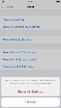 Press Reset All Settings. Wait a moment while the factory default settings are restored. Follow the instructions on the screen to set up your phone and prepare it for use.