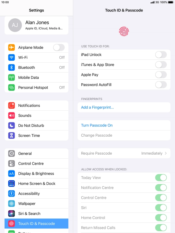 Press Turn Passcode On and key in a lock code of your own choice twice.