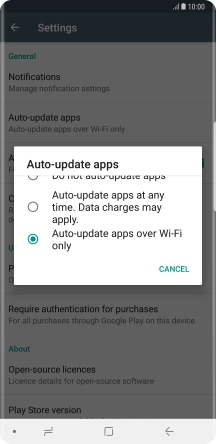 To turn on automatic update of apps using Wi-Fi, press Auto-update apps over Wi-Fi only.