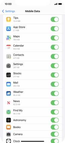 The data usage for each application is displayed below the name of the application.