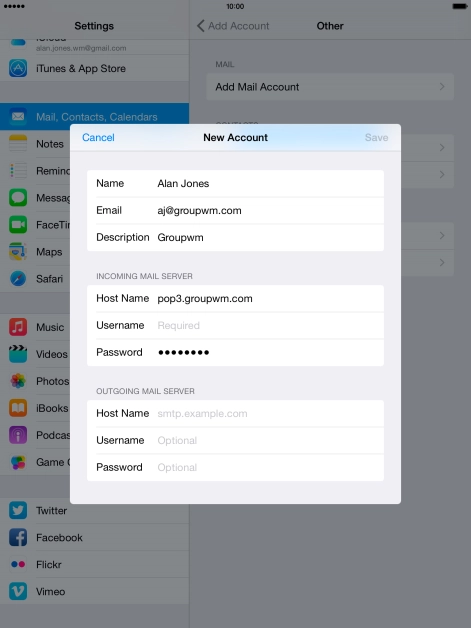Press Username and key in the username for your email account.