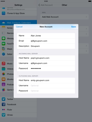 Press Username and key in the username for your email account.