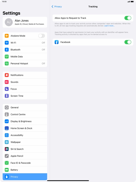 Press Allow Apps to Request to Track to turn the function on or off.