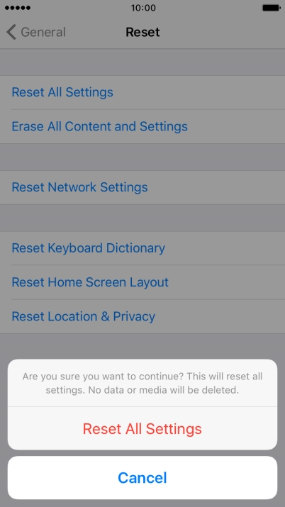 Press Reset All Settings. Wait a moment while the factory default settings are restored. 
Follow the instructions on the screen to set up your phone and prepare it for use.