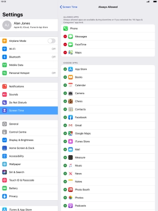 Press the add icon next to the required app to add it to the list of allowed apps during Downtime.