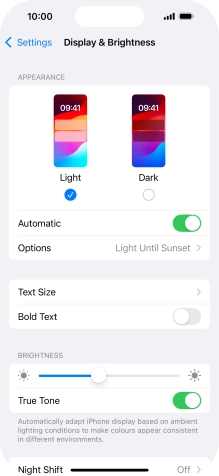 If you turn on the function, press Options and follow the instructions on the screen to select the required period of time for Dark Mode.
