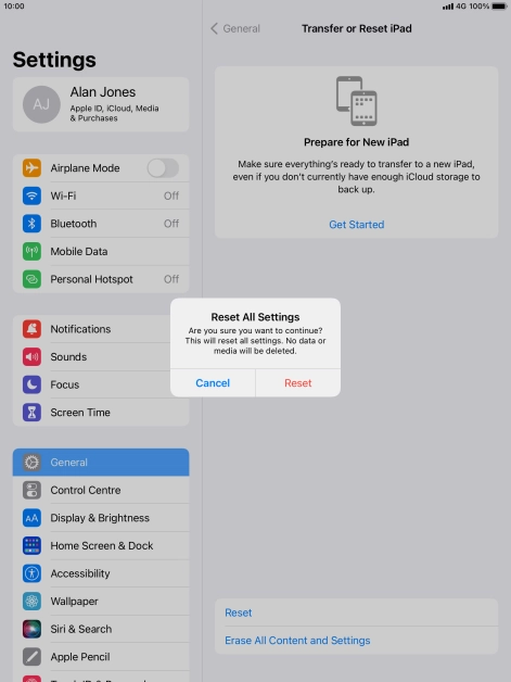 Press Reset. Wait a moment while the factory default settings are restored. Follow the instructions on the screen to set up your tablet and prepare it for use.