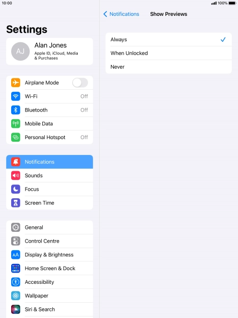 To select notification preview on the lock screen, press Always.