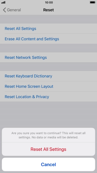 Press Reset All Settings. Wait a moment while the factory default settings are restored. Follow the instructions on the screen to set up your phone and prepare it for use.