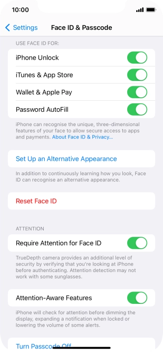 Press the indicators next to the required settings to turn them on or off.