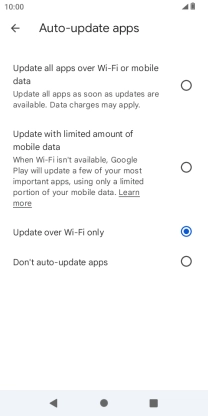 To turn on automatic update of apps using mobile network, press Update all apps over Wi-Fi or mobile data.
