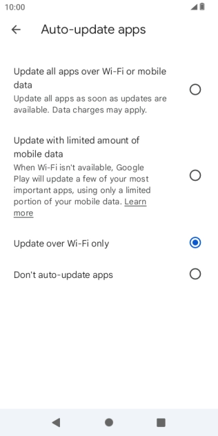 To turn on automatic update of apps using mobile network, press Update all apps over Wi-Fi or mobile data.