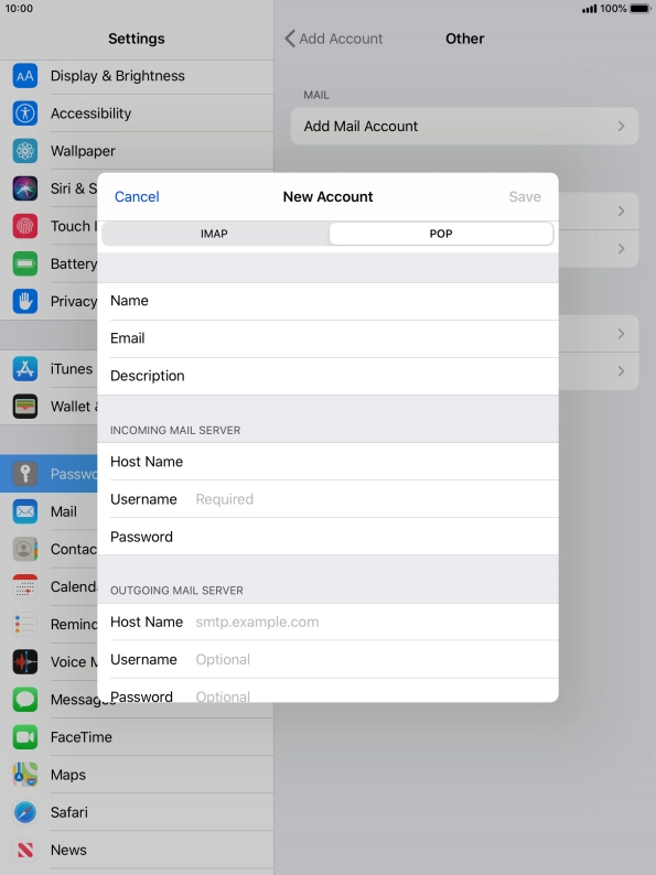 Press Username and key in the username for your email account.