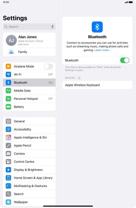 Press the required Bluetooth device and follow the instructions on the screen to pair the device with your tablet.