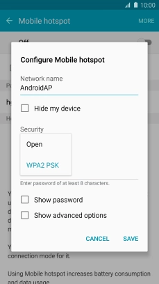 Press WPA2 PSK to password protect your Wi-Fi hotspot.