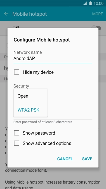 Press WPA2 PSK to password protect your Wi-Fi hotspot.