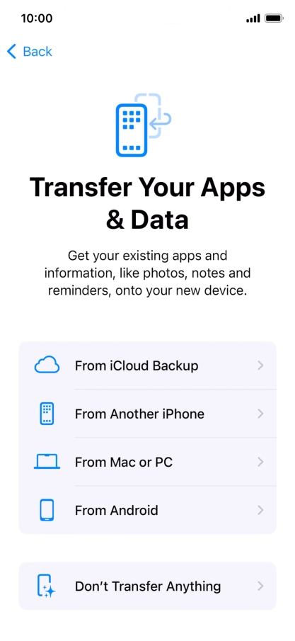 You can transfer content from an Android phone when your phone is activated for the first time and after a factory reset. When this screen is displayed, your phone is ready to transfer content from an Android phone.