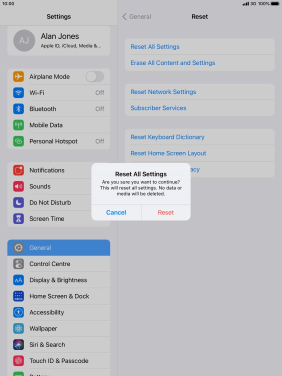 Press Reset. Wait a moment while the factory default settings are restored. Follow the instructions on the screen to set up your tablet and prepare it for use.