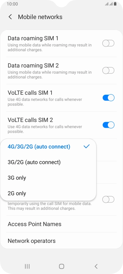 Press the required network mode.