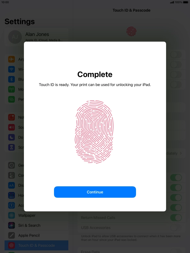 Press Continue. If you haven't previously selected a lock code, key in a code of your own choice twice.