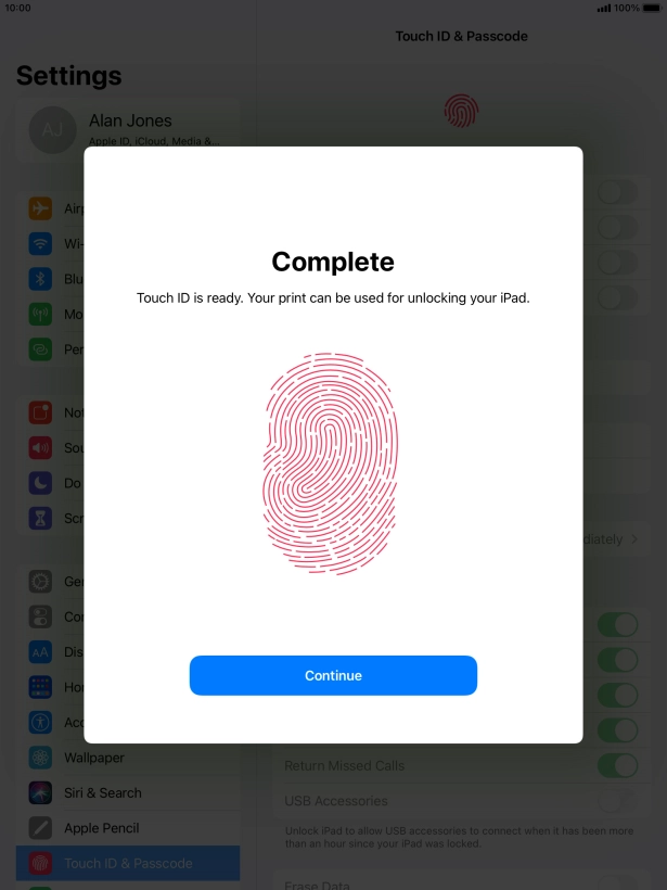 Press Continue. If you haven't previously selected a lock code, key in a code of your own choice twice.