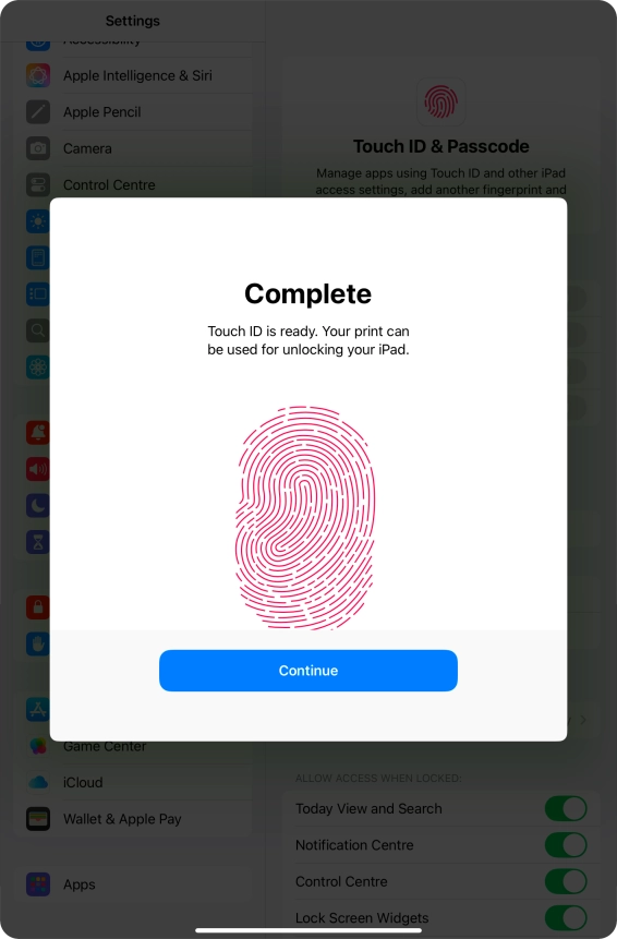 Press Continue. If you haven't previously selected a lock code, key in a code of your own choice twice.