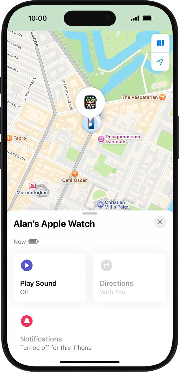The latest position of your Apple Watch is displayed on the map.
