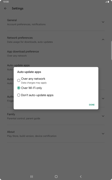 To turn on automatic update of apps using mobile network, press Over any network.