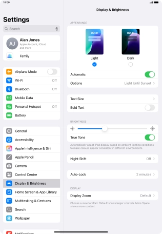 If you turn on the function, press Options and follow the instructions on the screen to select the required period of time for Dark Mode.