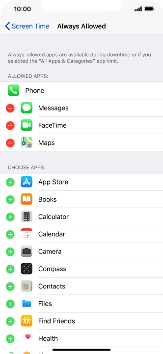 Press the add icon next to the required app to add it to the list of allowed apps during Downtime.
