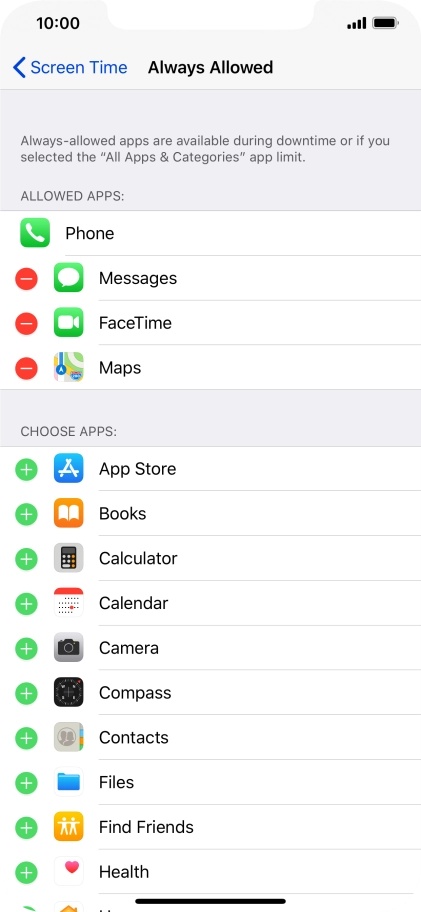 Press the add icon next to the required app to add it to the list of allowed apps during Downtime.