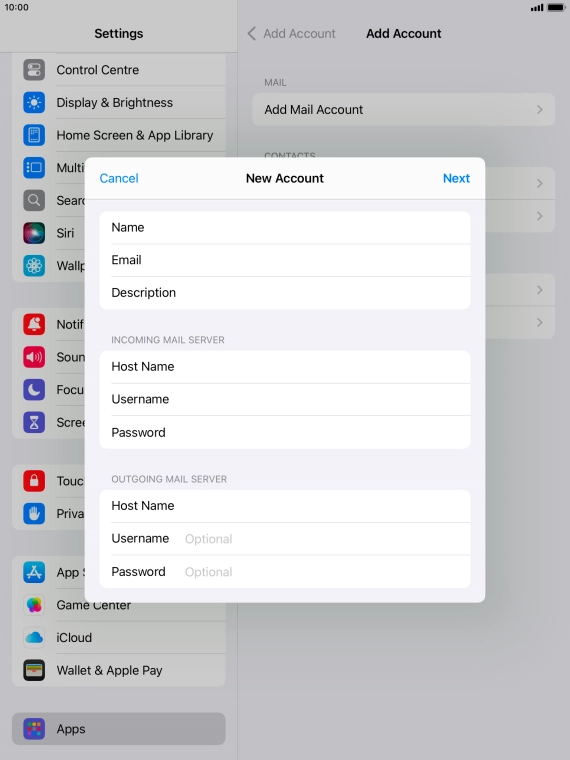 Press Username and key in the username for your email account. Please note that if you're using Vodafone's outgoing server, leave the username field empty.