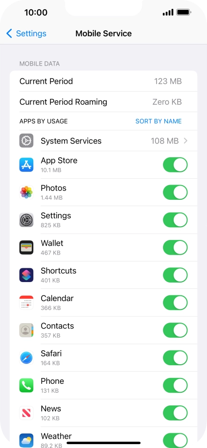 Press the indicators next to the required applications to turn the function on or off.