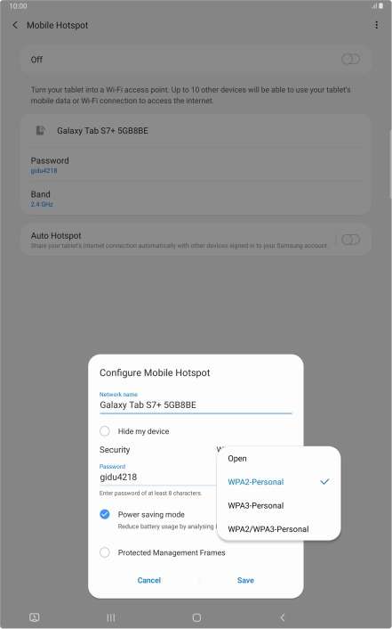 Press WPA2-Personal to password protect your Wi-Fi hotspot.