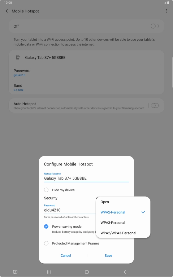 Press WPA2-Personal to password protect your Wi-Fi hotspot.