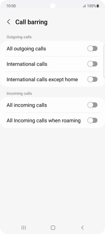 Press the indicator next to the required barring type to turn the function on or off.