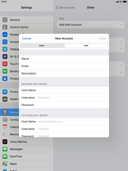 Press Username and key in the username for your email account.