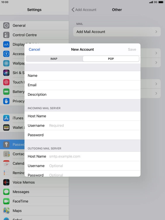 Press Username and key in the username for your email account.