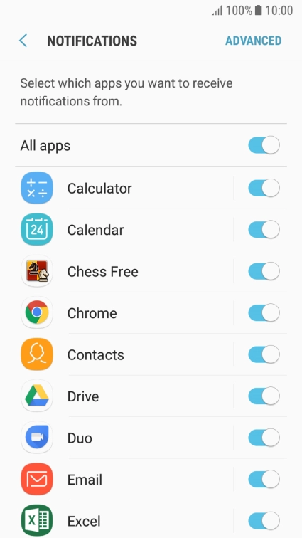 Press the indicator next to the required app to turn the function on or off.