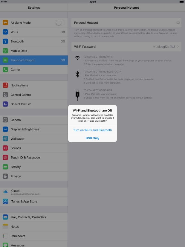 Press Turn on Wi-Fi and Bluetooth. An internet connection from your computer via your tablet is automatically established.