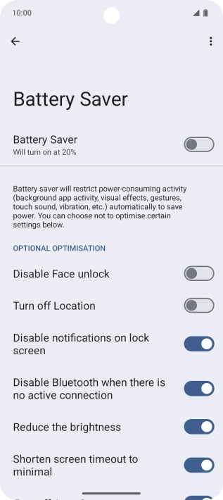 Press the required settings to turn them on or off.