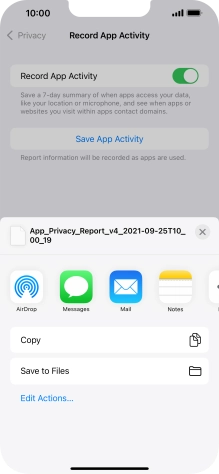 Press the required setting and follow the instructions on the screen to share or save the app activity report.