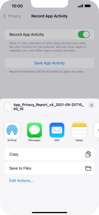Press the required setting and follow the instructions on the screen to share or save the app activity report.