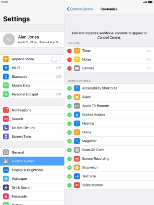 Press the delete icon next to the required function to remove it from Control Centre.