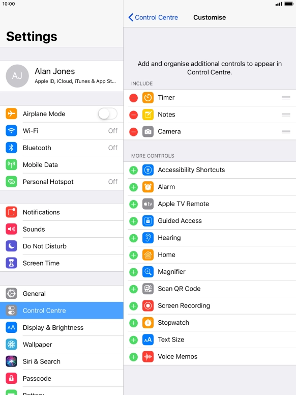 Press the delete icon next to the required function to remove it from Control Centre.
