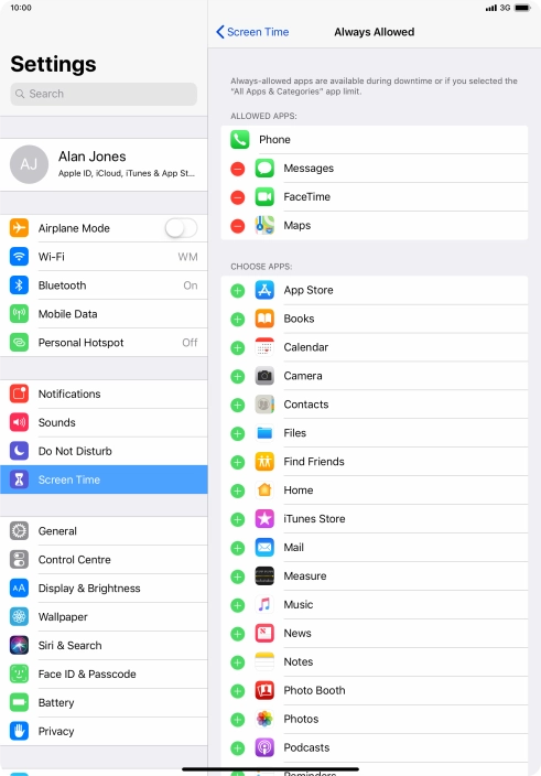 Press the add icon next to the required app to add it to the list of allowed apps during Downtime.